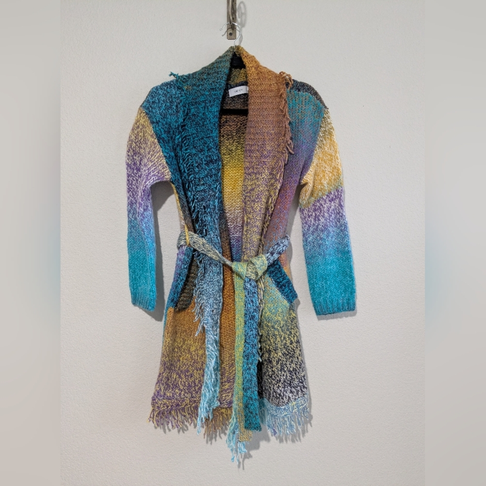 Anthropologie Greylin Oversized Rainbow Knit Fringe Open Front Wrap Sweater S - Picture 5 of 16
